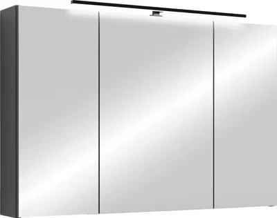 A modern bathroom cabinet with mirrored doors and an integrated LED light.