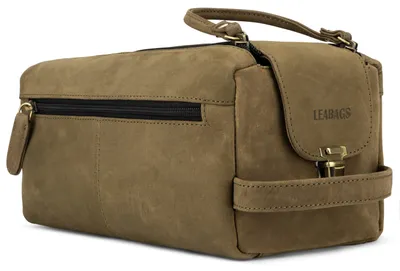 Produktbild von LEABAGS großer Leder Premium Kulturbeutel Damen & Herren I Kulturtasche für Männer & Frauen I Geräumige Kosmetiktasche I Wachtasche I Beauty Case I Waschbeutel I Nature Grün – Größe Palm Bay