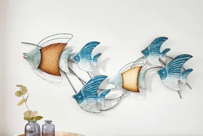 Image de décoration murale 3D "Banc de poissons" en métal, 89x39 cm, maritime, tableau mural, décoration murale, déco métal