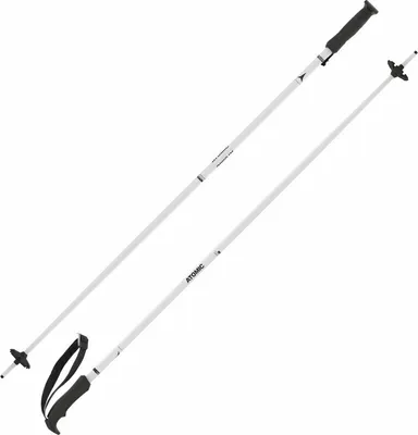 A pair of white ski poles with black grips and straps, presented against a white background.