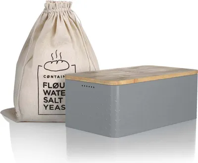 Obrázok produktu pre LARS NYSØM Chlebník I Kovový chlebník s ľanovým vreckom na chlieb I Chlebník s bambusovým vekom možno použiť ako dosku na krájanie 34x18,5x13,5cm Cool Grey