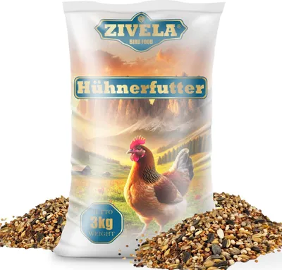 A bag of chicken feed with a chicken illustration and scattered feed on a white background.
