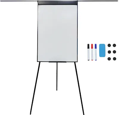 Produktbild von Relaxdays Flipchart Whiteboard, magnetisch, höhenverstellbar, Dreibein, Stifteablage, Alu-Rahmen, HB: 100x70 cm, schwarz