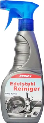 A bottle of stainless steel cleaner with a spray nozzle.