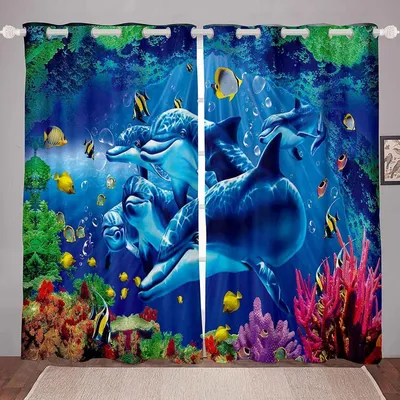 Obrázek produktu pro Záclony do dětského pokoje, motiv delfín, pro chlapce, rozměry 264x240 cm, zatemňovací závěsy, 2 kusy