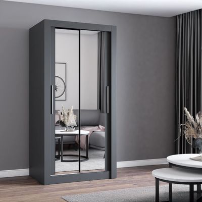 Schwebetürenschrank Kleiderschrank Schrank 100cm Grau/Grau mit zwei Spiegeln MILAN