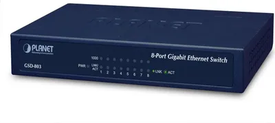 A dark blue 8-port Gigabit Ethernet switch with indicator lights and labels on the front panel, presented on a white background.