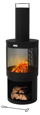 Image de Brasero foyer de jardin avec cheminée - Rond - 131 x 45 cm - Acier noir - Avec tisonnier