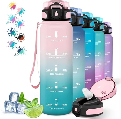 Produktbild von Trinkflasche 1 L, auslaufsicher, mit Zeitskala, rosa-grün, für Fitness, Wandern, Radfahren