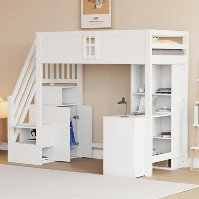 Produktbild von STILVORA 90×200 Hochbett mit Fenster&Sicherheitsgitter,Einzelbett mit Stauschränken,Schreibtisch und Schubladen,Jugendbett mit Stauraum-Sicherheitsleiter,Weiß(Ohne Matratze)