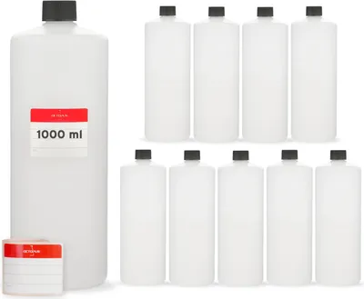 Produktbild von 10x 1000 ml Rundflaschen HDPE, G25, schwarze Schraubverschlüsse