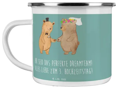 Produktbild von Mr. & Mrs. Panda Pott 3. Hochzeitstag Lederhochzeit Dreamteam - Meeresbrise - Geschenk, Haferl, Emaille Tasse, gemeinsames Abenteuer, Heirat, Teetasse, Meilenstein, Liebe