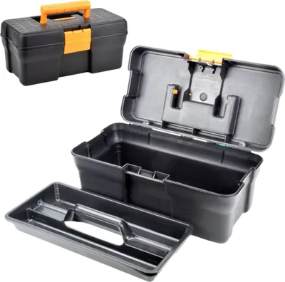 A black toolbox with an orange handle and latch, shown open with a removable tray.