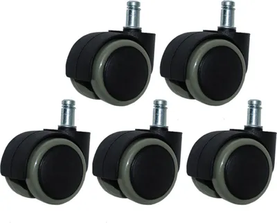 A set of five black and gray office chair casters.