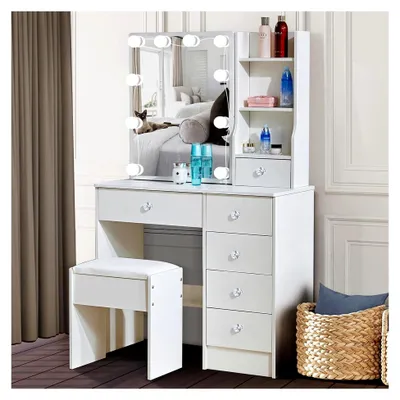 Produktbild von Schminktisch mit Beleuchtung und Spiegel, 3 Farben mit einstellbarer Helligkeit, Vanity Desk für Make-up, 131 * 80 * 36 cm