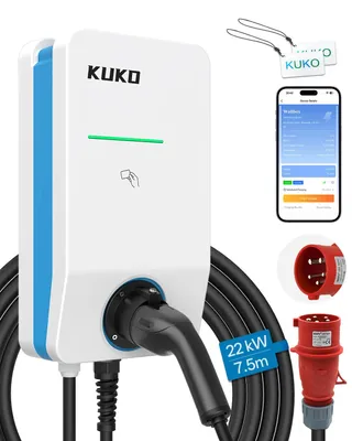Image de Chargeur de véhicule électrique de type 2 - 22 kW, borne murale/portable - 32A, monophasé/triphasé - Câble de 7,5 m - Prise CEE - Contrôle via application Bluetooth et Wi-Fi - Compatible OCPP 1.6 - Indice de protection IP55