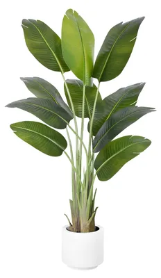 Produktbild von Künstliche Paradiesvogelblume, 150 cm hoch, künstliche Pflanze mit 9 Blättern, realistische künstliche Pflanze im weißen Topf, große Zimmerpflanze, realistisch zur Dekoration von Zimmer, Büro, Schlafzimmer, Badezimmer, Garten oder Wohnung.