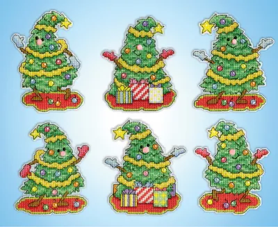 Produktbild von Design Works Kreuzstich Stickpackung "Weihnachtsbaum Dekoration Tanzende Bäume 6er Set", Zählmuster, 9x10cm