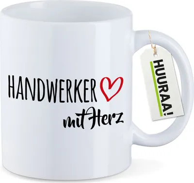 Produktbild von Huuraa Kaffeetasse Handwerker mit Herz 330ml Weiß Keramik Kaffeebecher Geschenkidee
