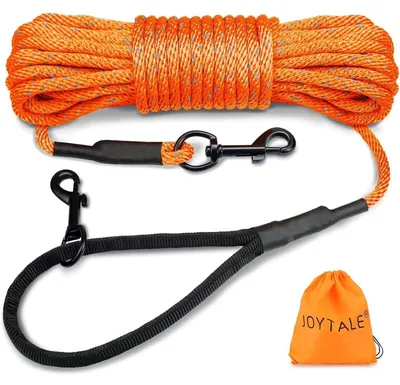 Obrázek produktu pro Obojková vodítka pro psy, délka 15 metrů, s polstrovanou rukojetí a 2 karabinami, nylon, oranžová barva