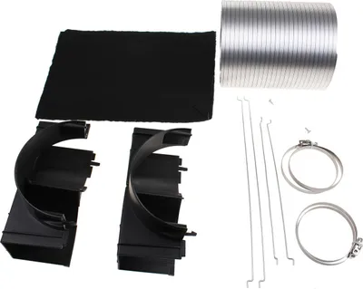 A collection of parts for a ventilation system laid out on a white background.