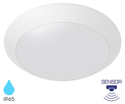 Produktbild von Braytron Außen Deckenleuchte in Weiß IP65 Ø265mm – E27 Fassung max.23W – Runde Feuchtraumlampe mit Bewegungsmelder