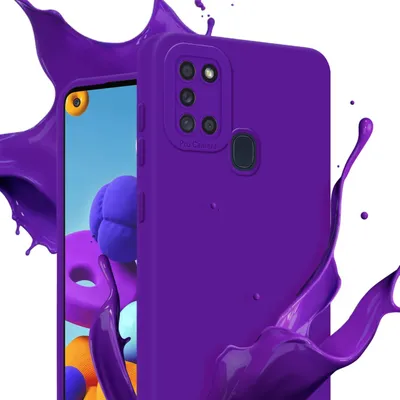 A purple phone case is shown with splashes of purple liquid around it.