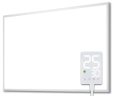 A white infrared heater panel with a digital display showing temperature settings.