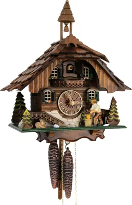 A detailed cuckoo clock with a wooden house design, a clock face, and small figures.