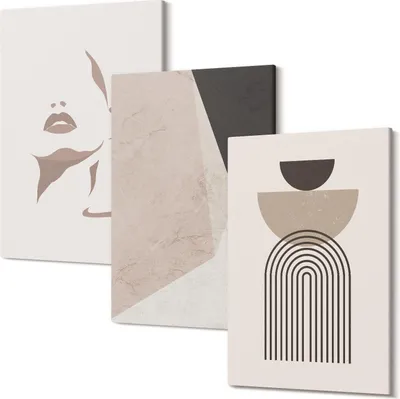 Produktbild von Wandbild – Leinwandbild – Leinwandbilder – Polycanvas – Kunstdruck – Modern – Panorama – Mehrteilig – 3-Teilig Set – Hochwertig – Lichtecht – Geruchslos – 20x30 Cm Je Element - Abstrakte geometrische Formen und ein Frauengesicht