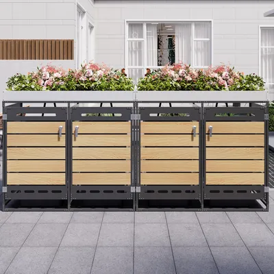 Produktbild von Flieks Mülltonnenbox 2er mit Pflanzkasten, Mülltonnenschrank für 4 Tonnen, 120–240L, Mülltonnenverkleidung mit Schloss, 262x79x120cm, Schwarz