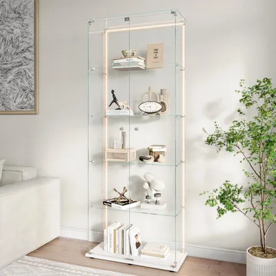 Immagine prodotto di Vetrina espositiva con illuminazione a LED, dimensioni 78,5 x 34,5 x 186,5 cm, colore bianco, 5 ripiani, 2 ante