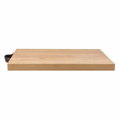 A wooden cutting board with a dark handle on a white background.