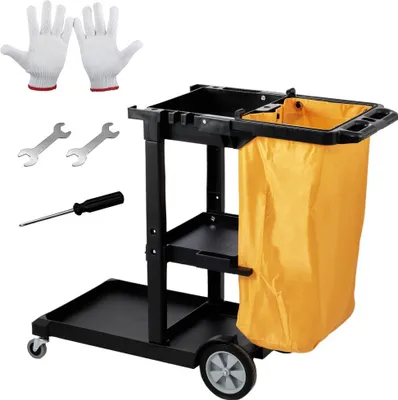Immagine prodotto di Carrello per le pulizie Carrello per le pulizie professionali con 3 scomparti - Sacco per i rifiuti - Carrello per hotel - Carrello per lo straccio