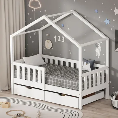 Immagine prodotto di Letto per bambini a casetta - 70 x 140 cm - Bianco - Con 2 cassetti e protezione anticaduta - Legno massello di pino