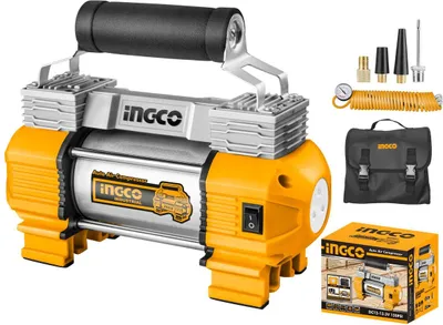 Immagine prodotto di Compressore d'aria da 12 V, gonfiatore per pneumatici a doppio cilindro,kit di gonfiaggio per pneumatici, pompa d'aria fuoristrada per suv, camion, auto, biciclette, palloni, materassi ad aria, barche gonfiabili, con 3 adattatori e borsa in tela, Ingco