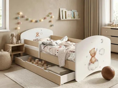 Produktbild von Kinderbett "Happy" 140x70 cm mit Schublade & Rausfallschutz | Juniorbett Holzoptik Birne | Stabiles Kleinkindbett