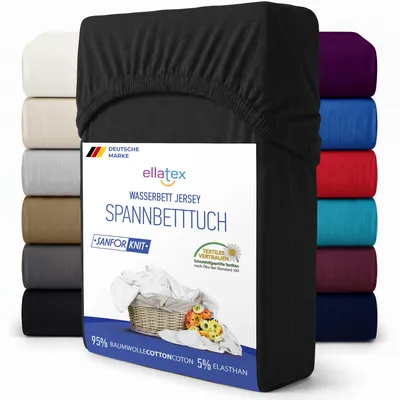Produktbild von EllaTex Premium Spannbettlaken 200x220–220x240 Baumwolle-Elasthan 200 g/m² – Spannbetttuch 40 cm Steg, Boxspringbett & Wasserbett XXL, Farbe: Schwarz