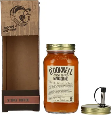 Produktbild von O'Donnell Moonshine STICKY TOFFEE Liqueur 25% Vol. 0,7l in Geschenkbox mit Ausgießer