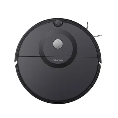 A top-down view of a black robotic vacuum cleaner.