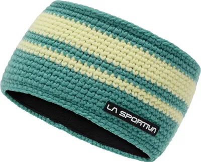 Stirnband "Zephir Headband" von La Sportiva in Türkis mit gelben Streifen; aus gestricktem Material.
