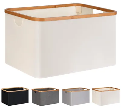 Image de Panier à linge de 60 litres, en bambou et tissu, couleur beige, pour chambre