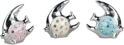 Three decorative ceramic fish with rhinestones and colored pearls.