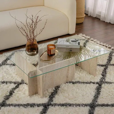 Immagine prodotto di Rhysand - Tavolino da Salotto, 105x65x30h cm Beige Marmo, Portariviste