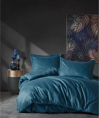 Zdjęcie produktu dla Pościel Satynowa King, 220 x 240 cm, 100% Bawełna Satynowa, Niebieska, 2 Poszewki 60 x 60 cm