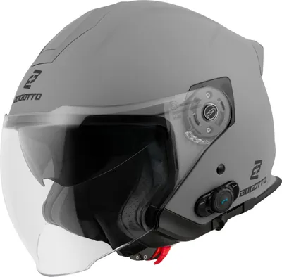 A studio shot of a gray motorcycle helmet.