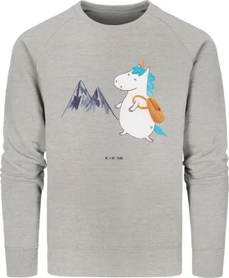 Produktbild von Mr. & Mrs. Panda Baumwoll Sweatshirt Einhorn Bergsteiger Größe S - Heather Grey - Geschenk, Pullover, Einhörner, Berge, Unicorn, Pulli, Sweater, Urlaub