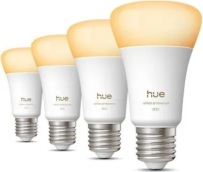 Image de Ampoule LED Connectée Philips Hue, A60, E27, 6W, 1000-2000k, 810 Lumens, Lumière Blanche Chaude, Pack de 4