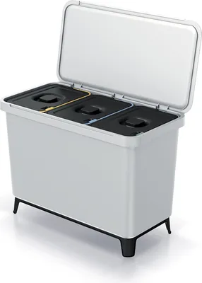 A three-compartment trash bin with its lid open, shown from a slightly elevated front-left angle.
