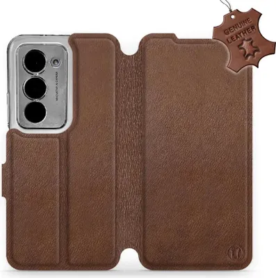 A brown leather flip case for a smartphone, shown open.
